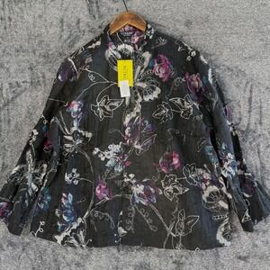 NEW CITRON Asian Mandarin Top Linen Blend Black Floral Butterfly Crinkle Size 2X